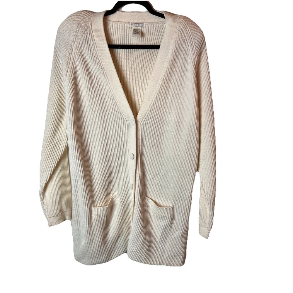 Vintage Yarnworks Cardigan Sweater Womens XL Ivory Rib Knit Button Geek Academia